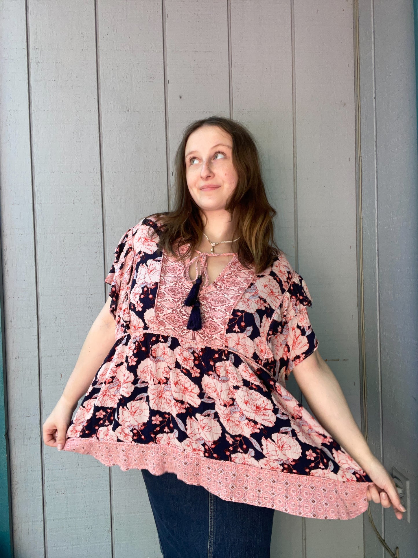 Navy Carnation Print Blouse