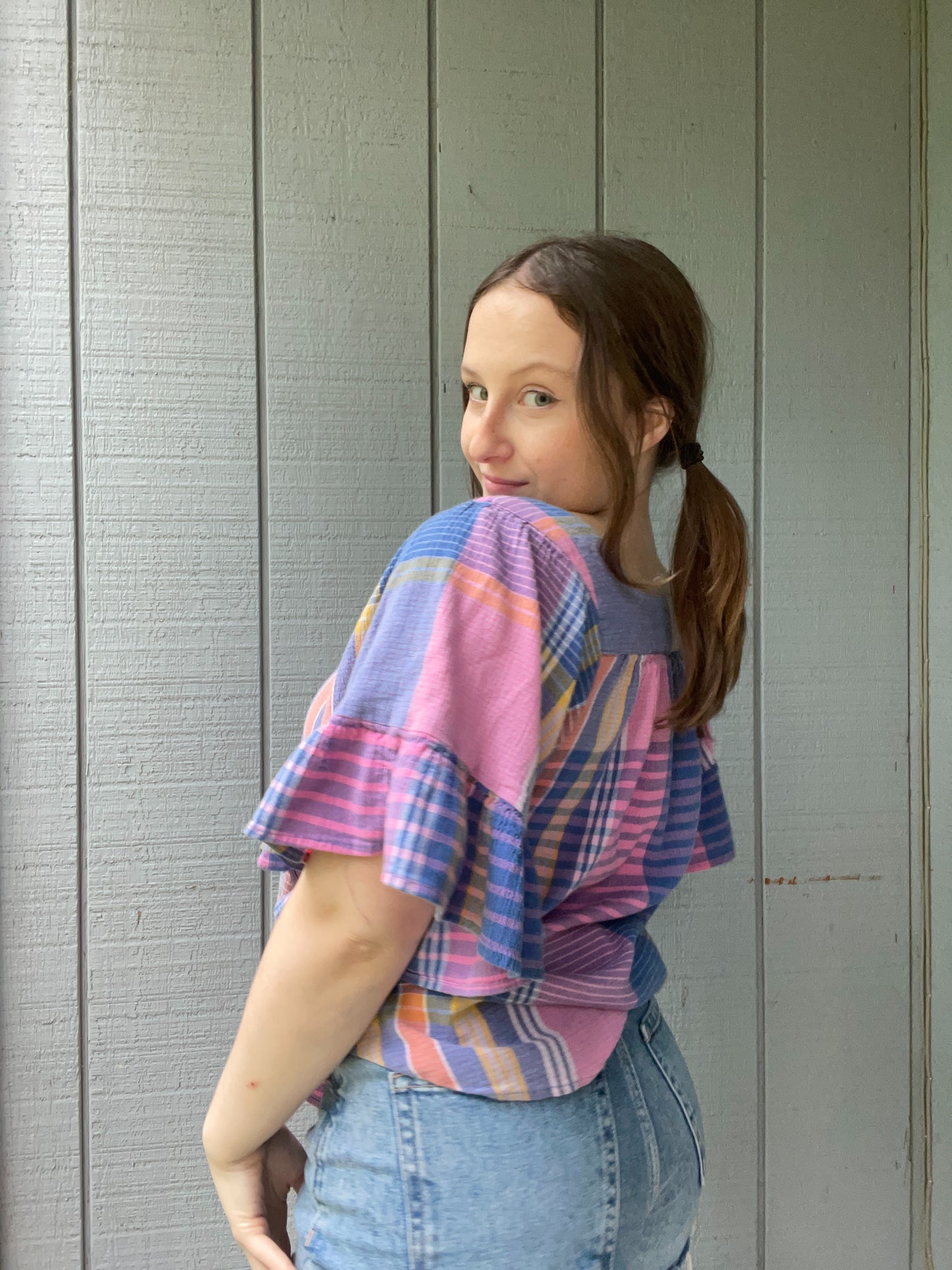 Blue Plaid Ruffle Blouse