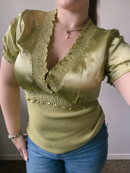 Olive Silk Ruffle Blouse