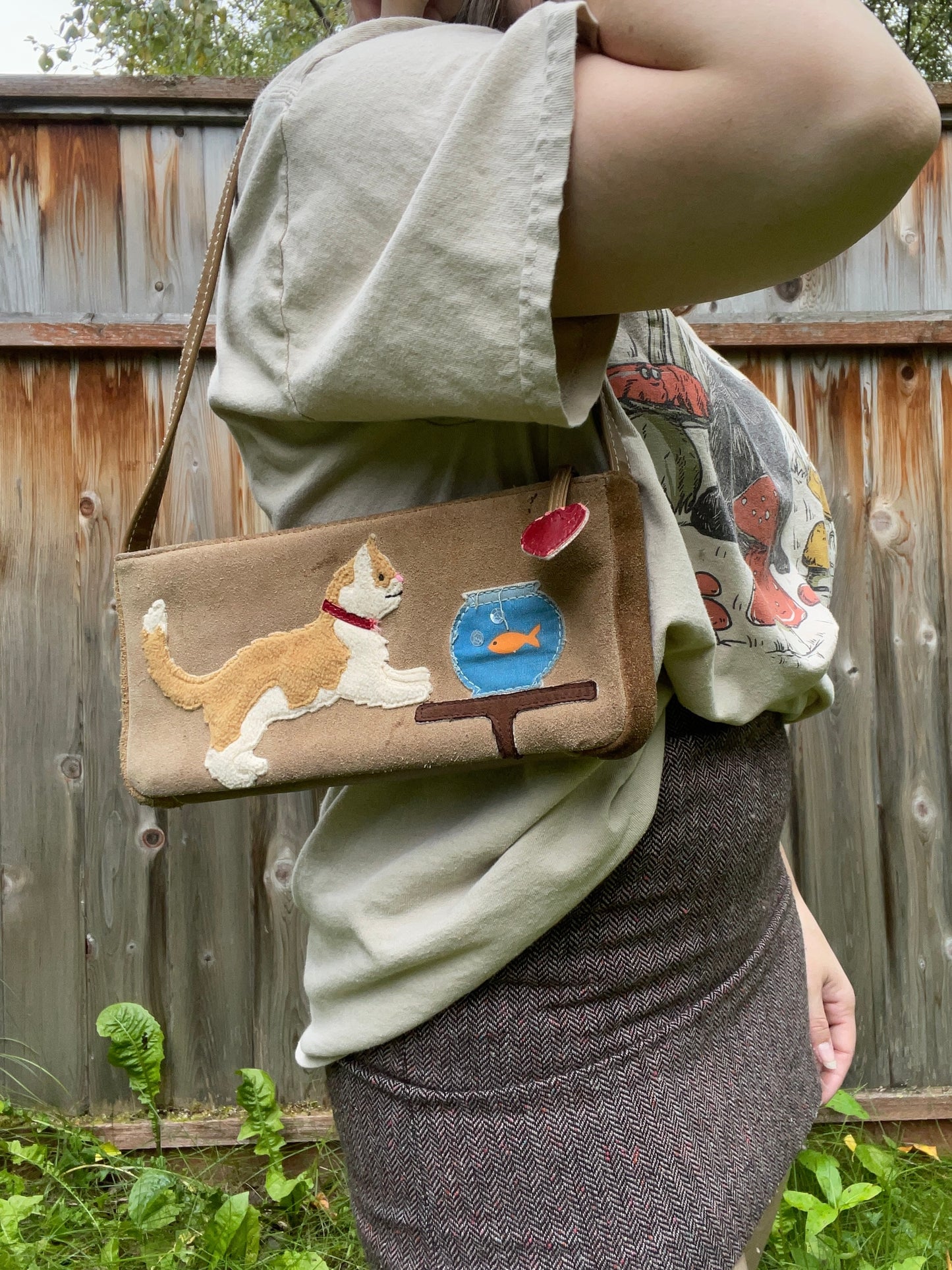 Embroidered Cat & Fish Handbag