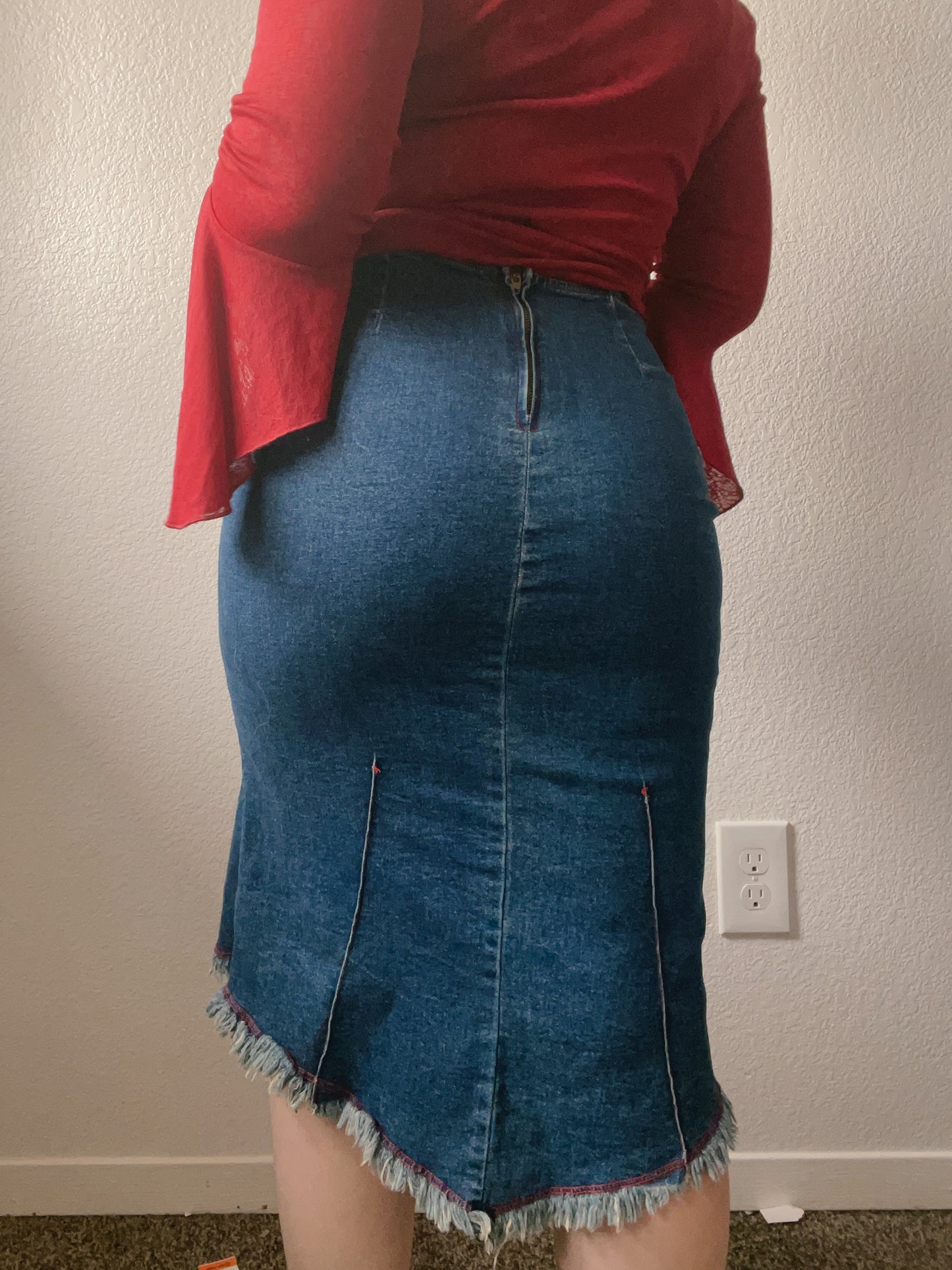 Red Stitch Denim Midi Skirt