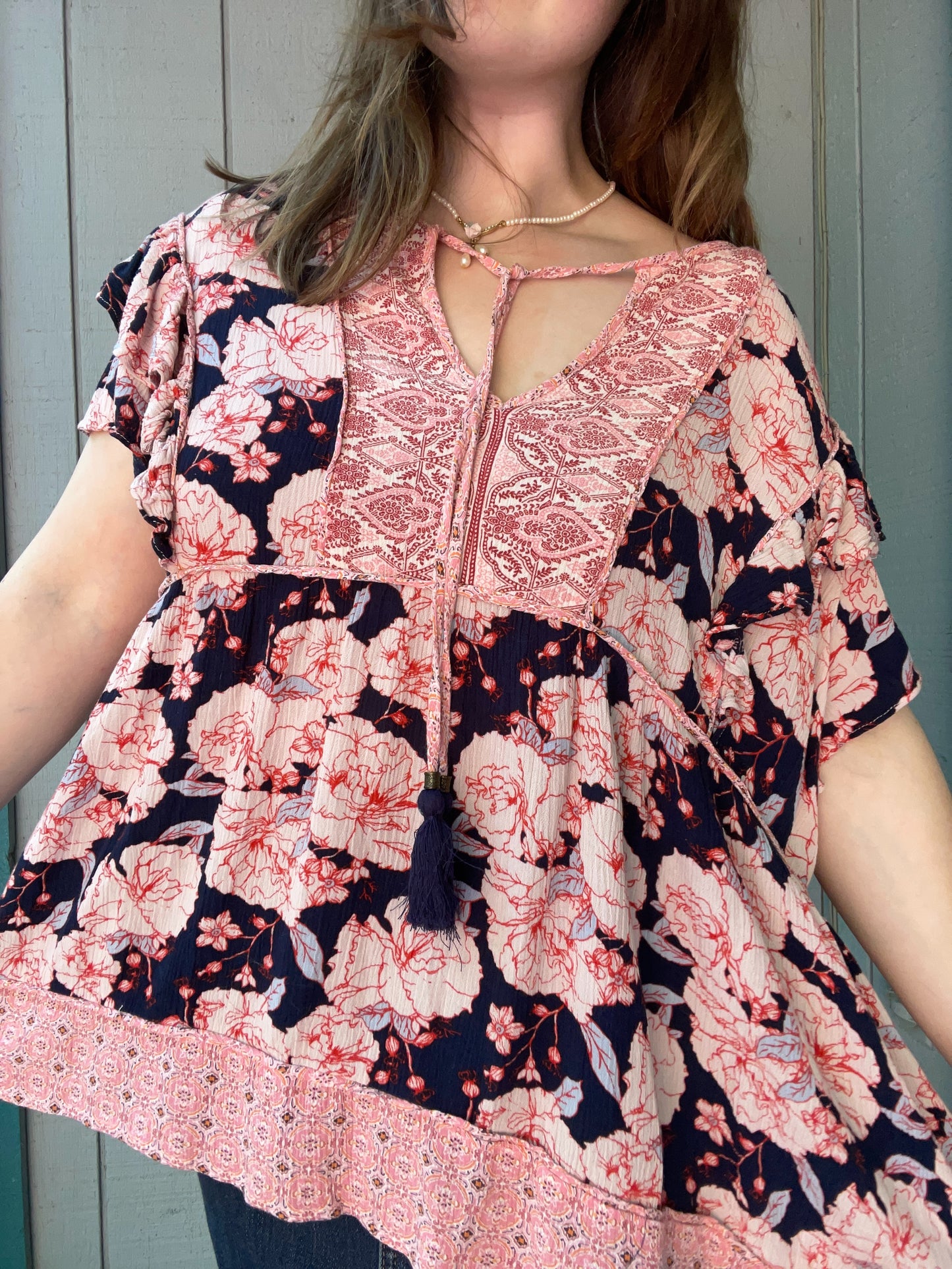 Navy Carnation Print Blouse