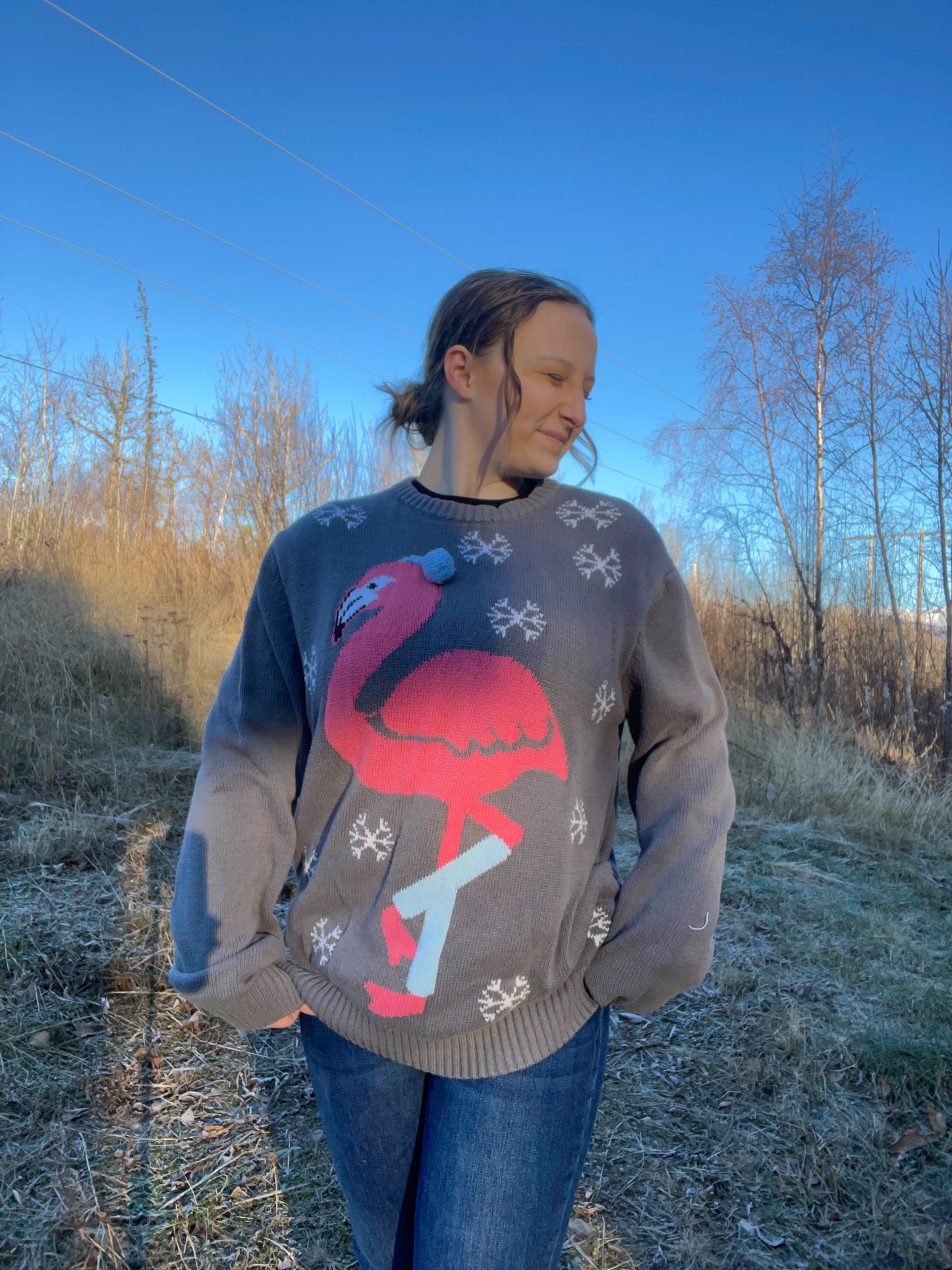 Grey Flamingo Christmas Sweater | From the Rack | Grace Thrifts | Wasilla, AK