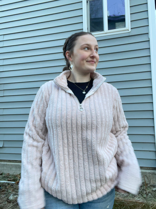 Pink Fuzzy Ribbed Quarter Zip Sweater | From the Rack | Grace Thrifts | Curated Secondhand Styles | Wasilla, AK