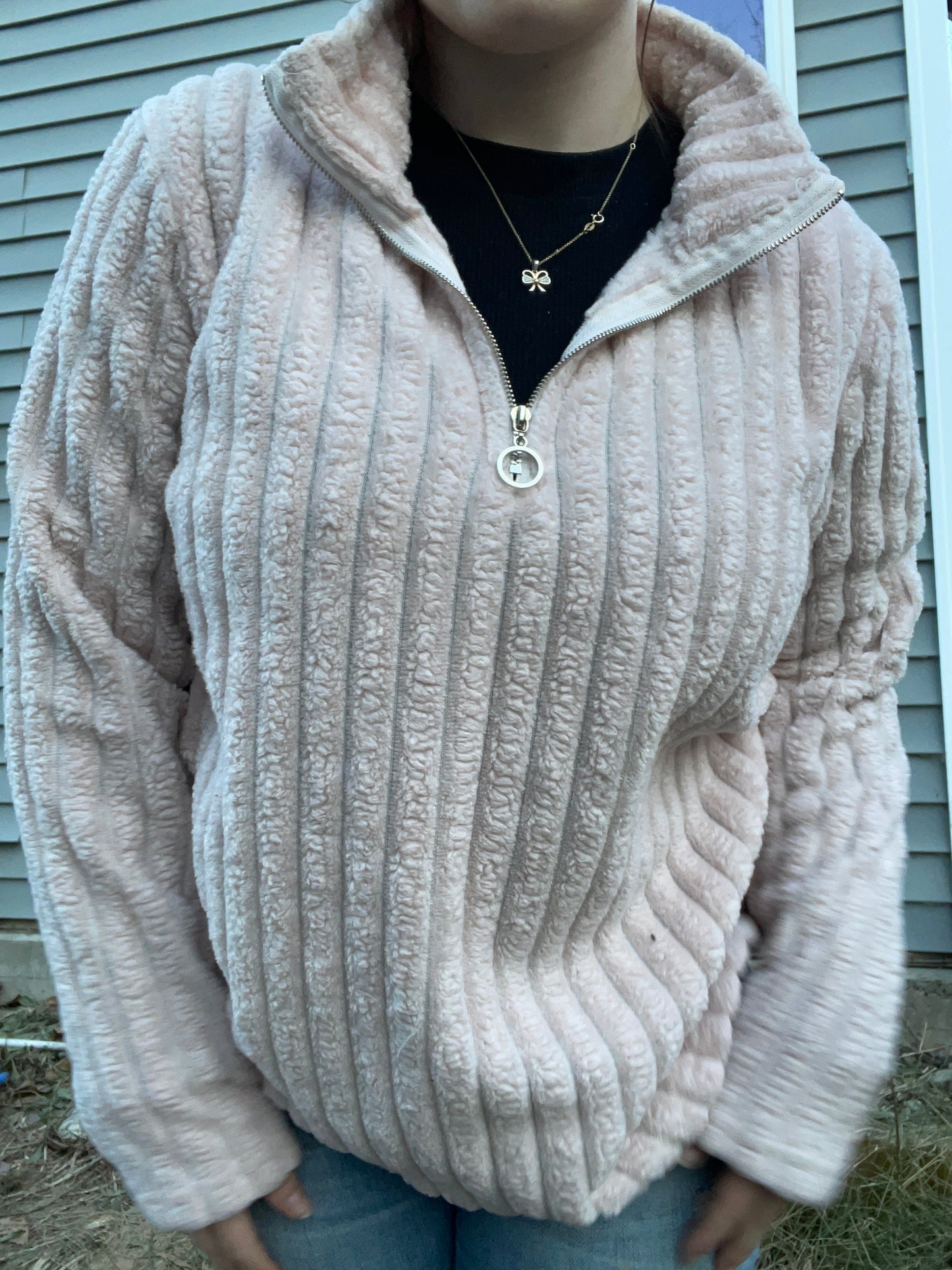 Pink Fuzzy Ribbed Quarter Zip Sweater | From the Rack | Grace Thrifts | Curated Secondhand Styles | Wasilla, AK