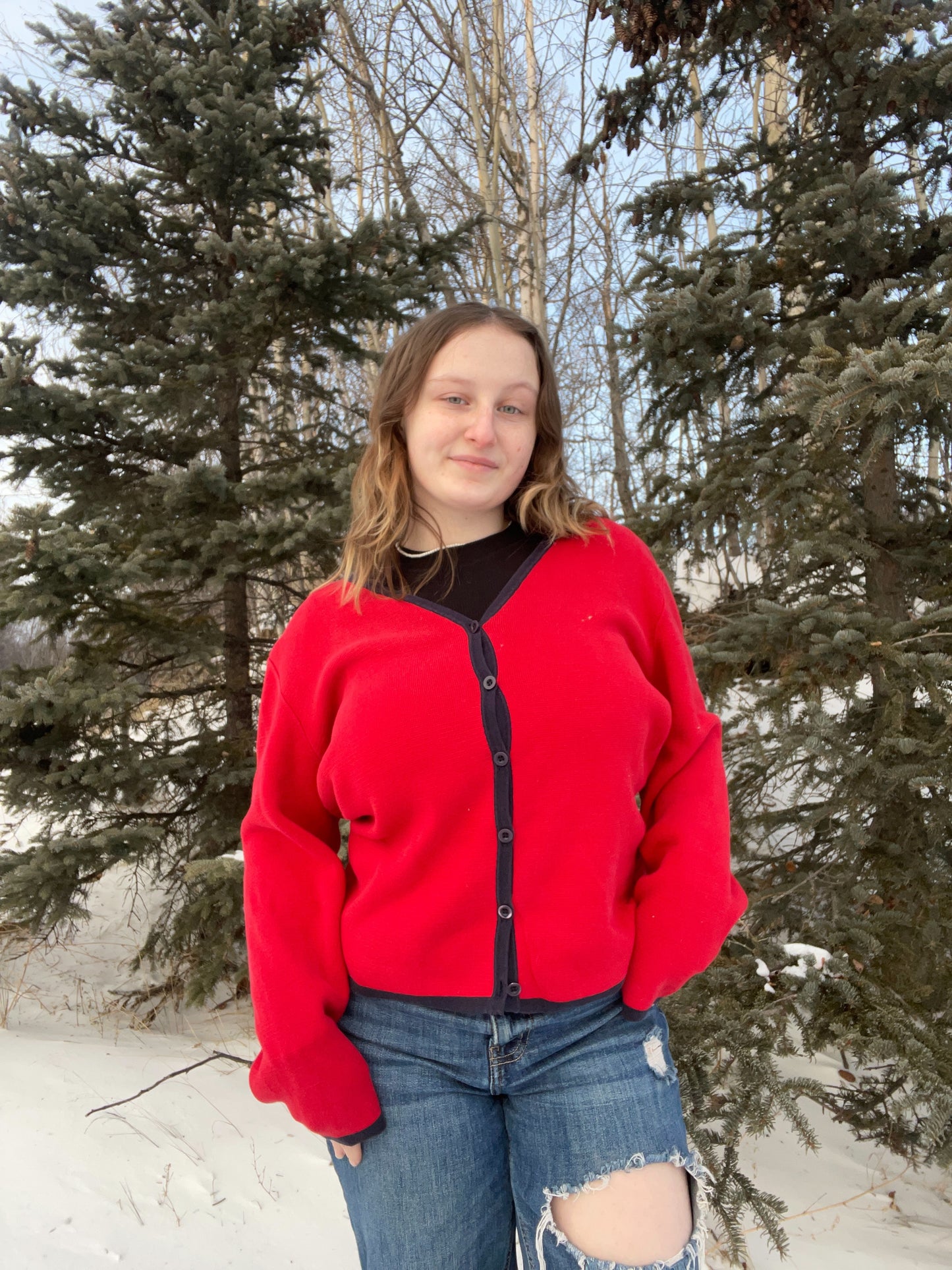 Red & Navy Pendleton Cardigan | From the Rack | Grace Thrifts