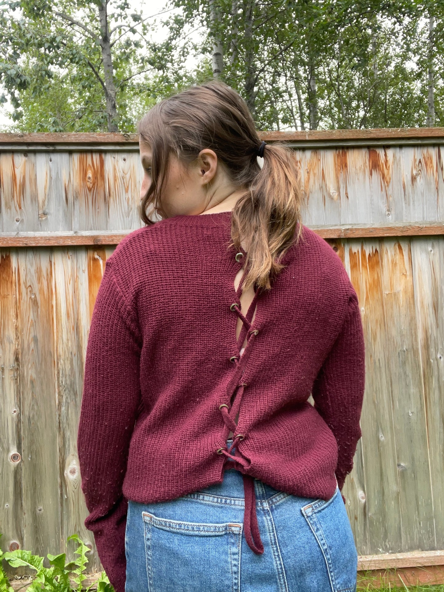 Maroon Lace Up Sweater | From the Rack | Grace Thrifts
