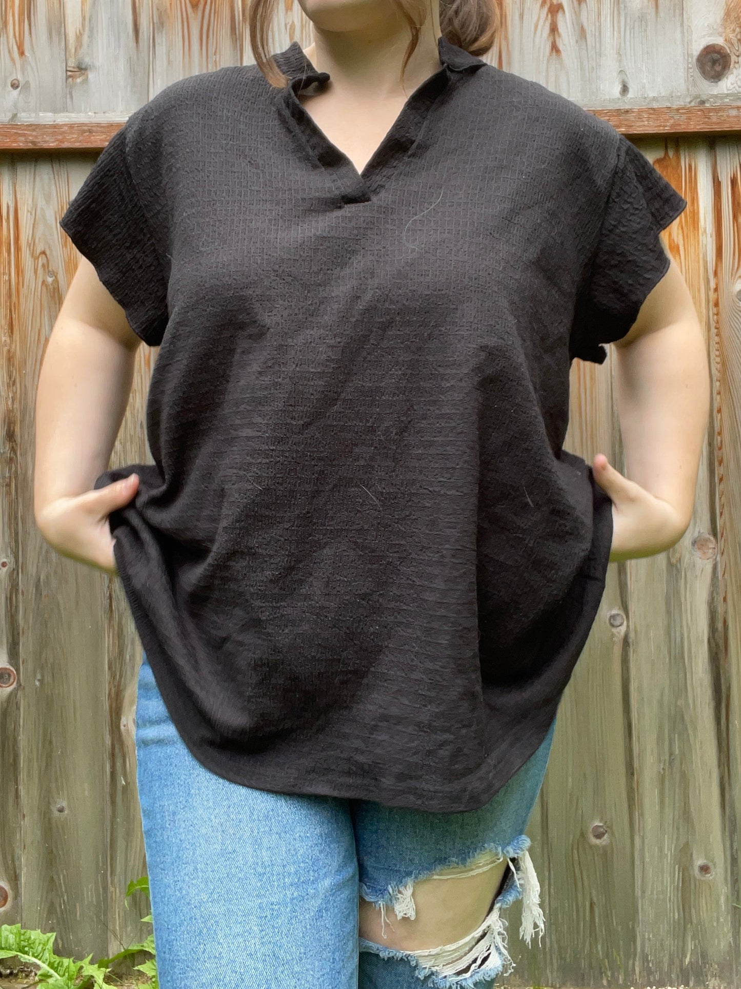 Black Split Neck Top | From the Rack | Grace Thrifts