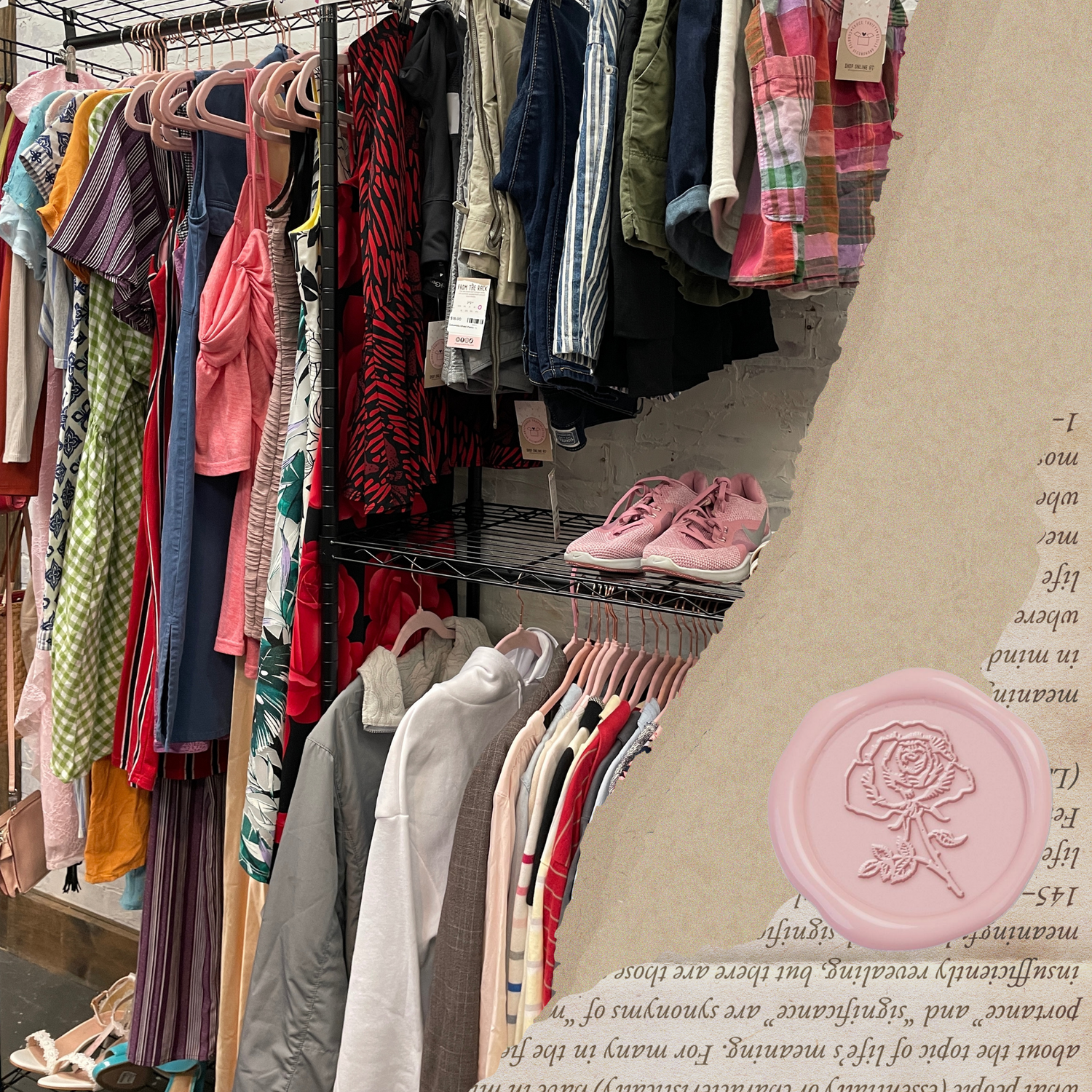 Clothing rack with various garments and pink shoes in a store setting.