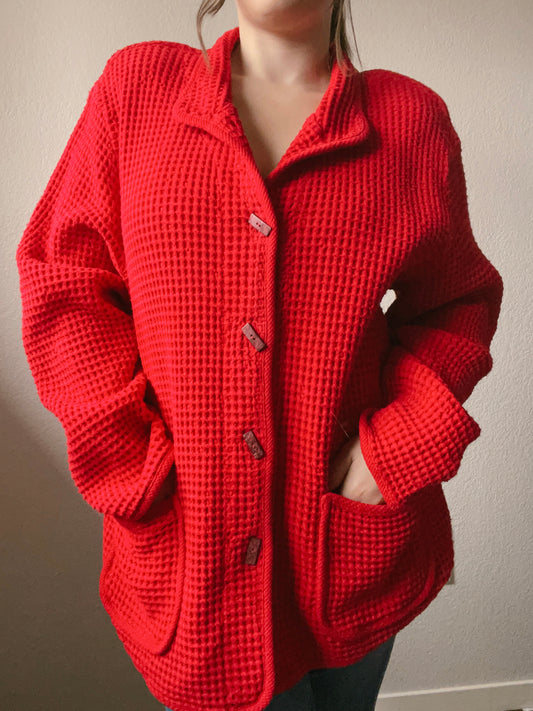 Red Waffle Knit Coat | From the Rack | Grace Thrifts