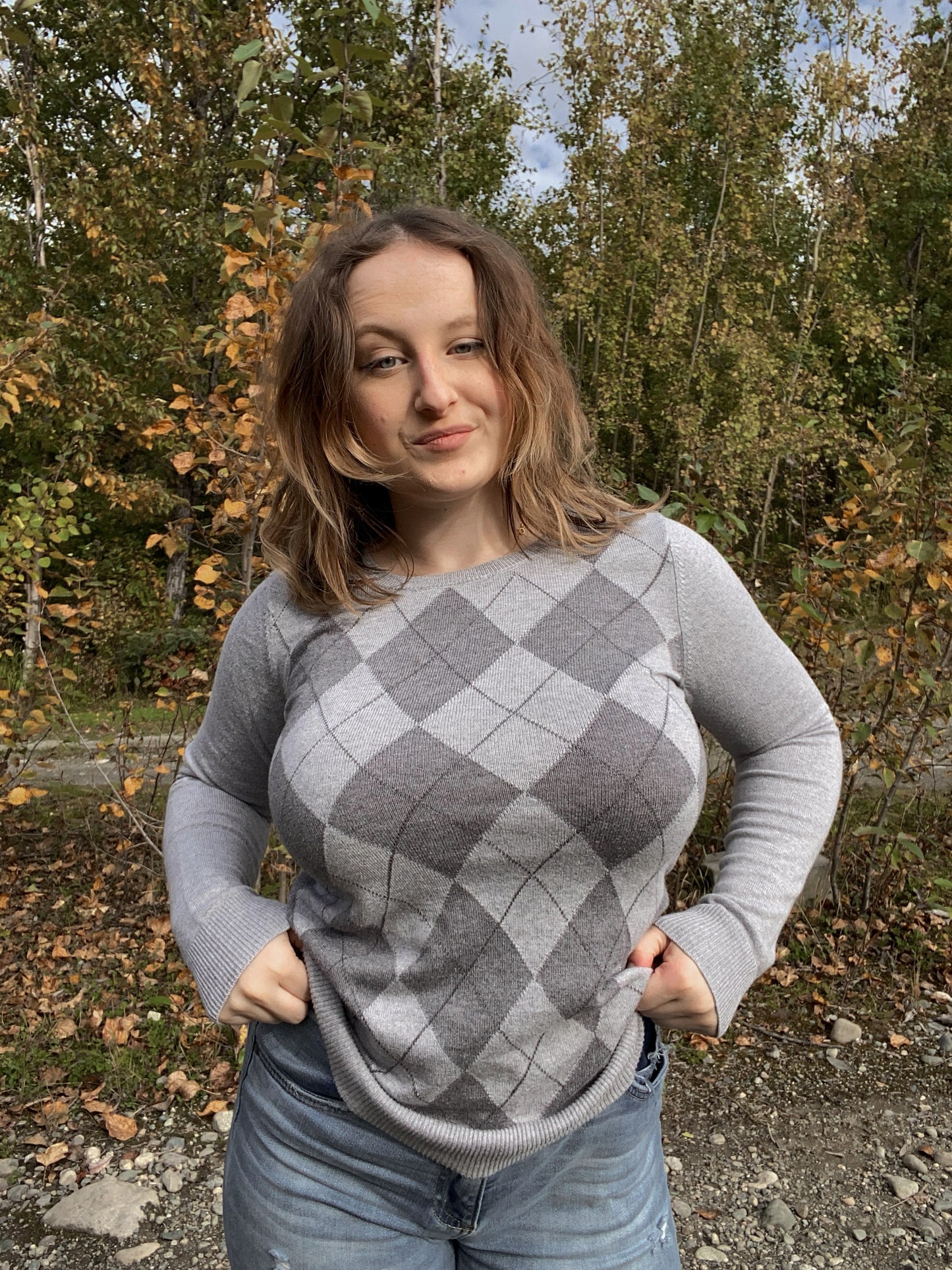 Grey Diamond Plaid Knit Sweater | From the Rack | Grace Thrifts | Curated Secondhand Styles | Located in Wasilla, AK