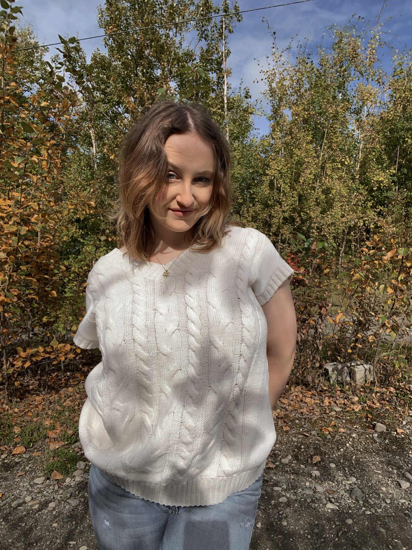 White Cable knit sweater vest | From the Rack | Grace Thrifts | Curated Secondhand Styles | Located in Wasilla, AK