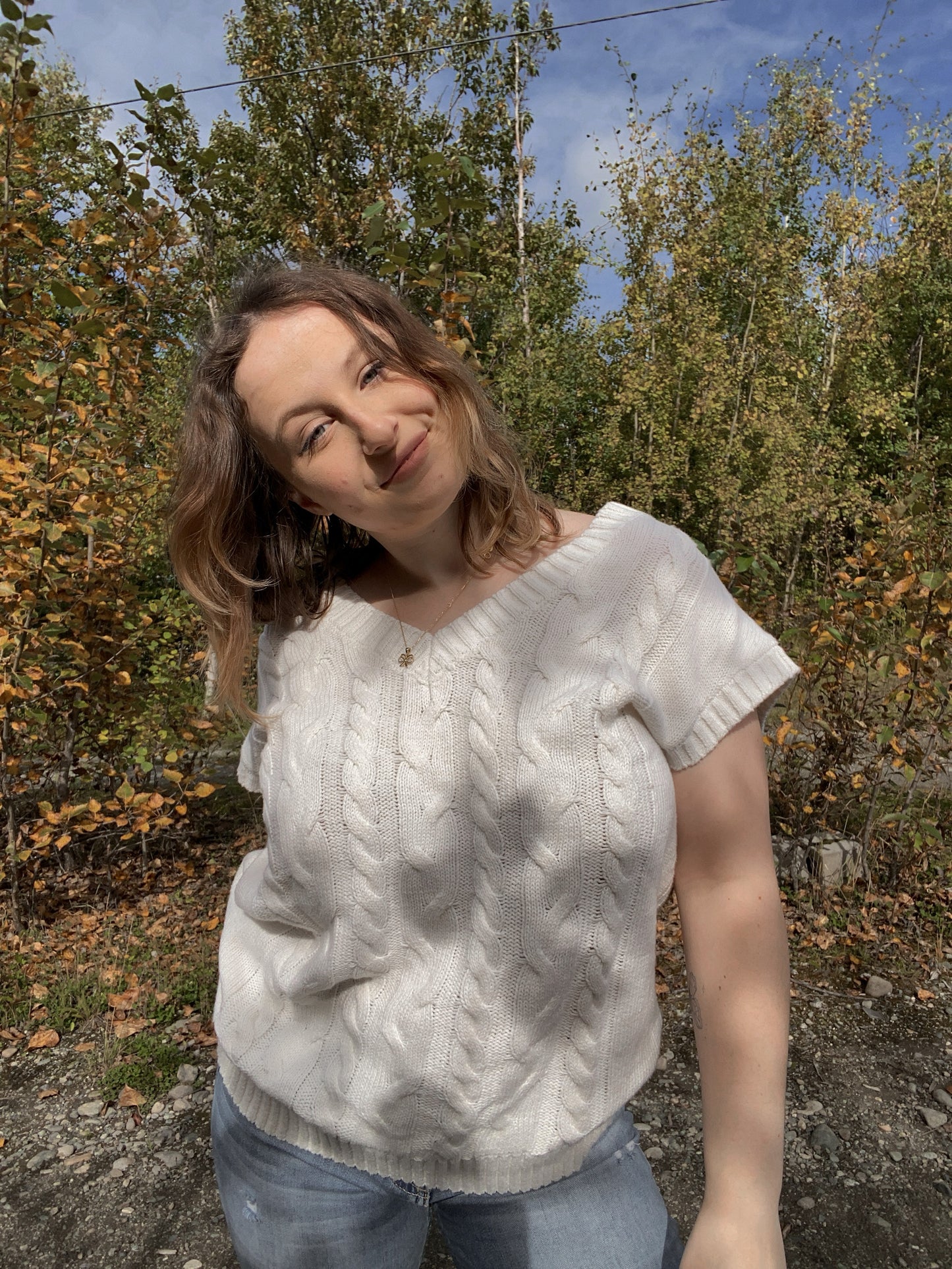 White Cable knit sweater vest | From the Rack | Grace Thrifts | Curated Secondhand Styles | Located in Wasilla, AK