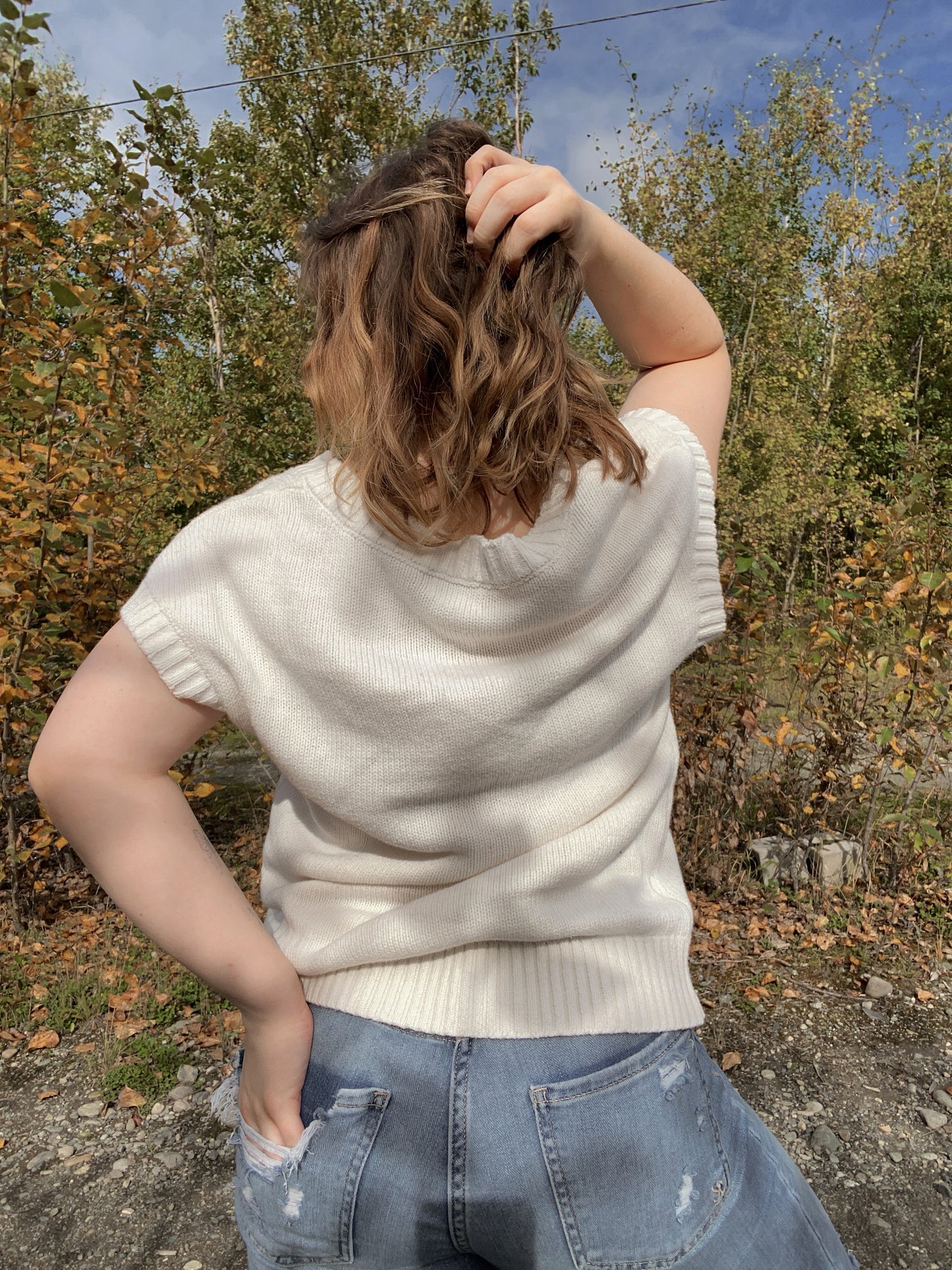 White Cable knit sweater vest | From the Rack | Grace Thrifts | Curated Secondhand Styles | Located in Wasilla, AK