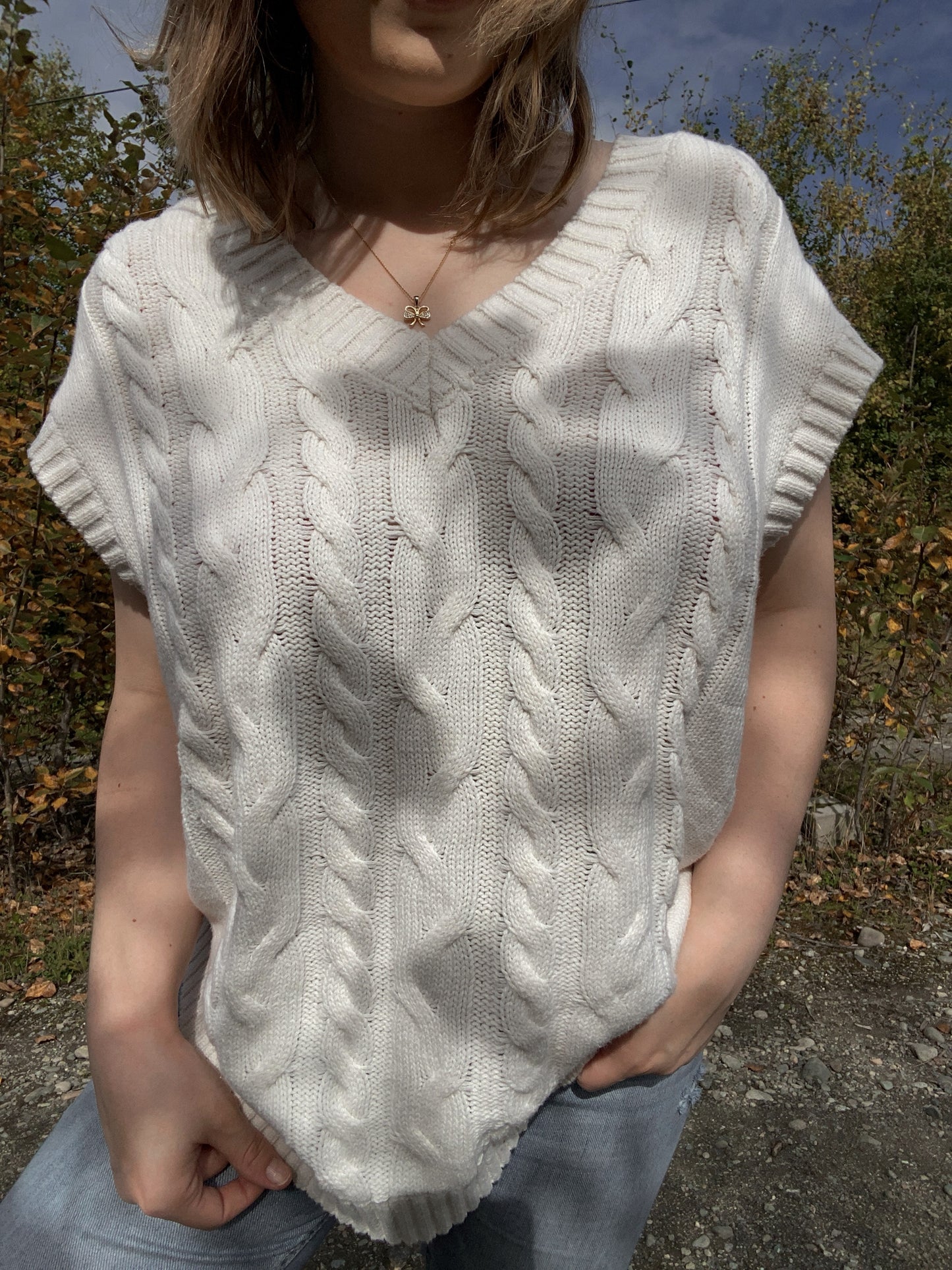White Cable knit sweater vest | From the Rack | Grace Thrifts | Curated Secondhand Styles | Located in Wasilla, AK