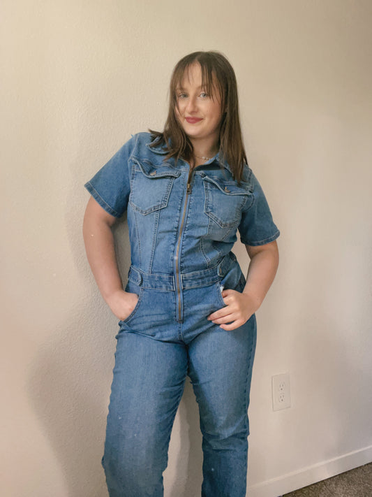 Short Sleeve Denim Jumpsuit