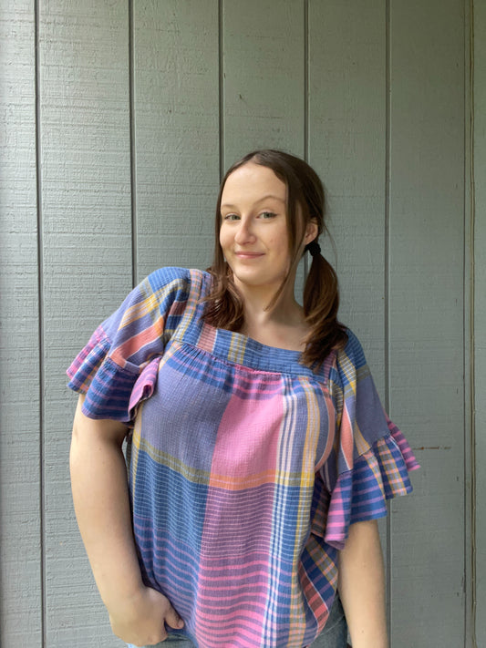 Blue Plaid Ruffle Blouse