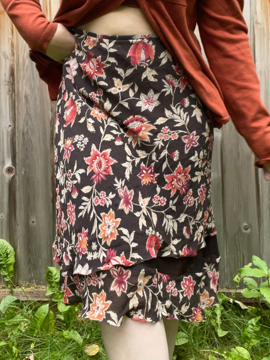 Brown Floral Midi Skirt