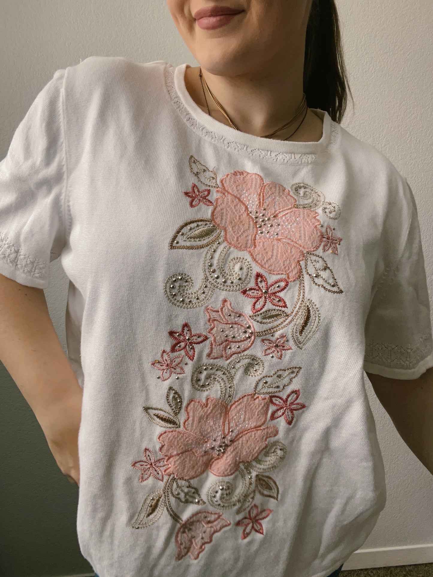 Peach Floral Embroidered Tee
