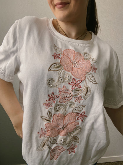Peach Floral Embroidered Tee
