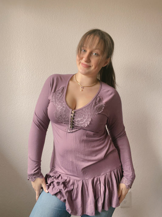 Violet Lace & Ruffle Long Sleeve Top