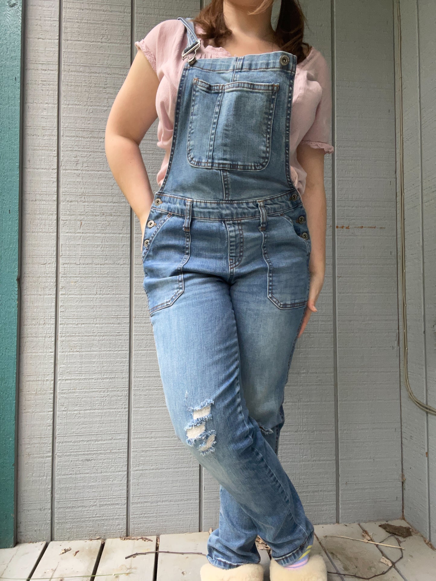 Distressed Skinny Overalls