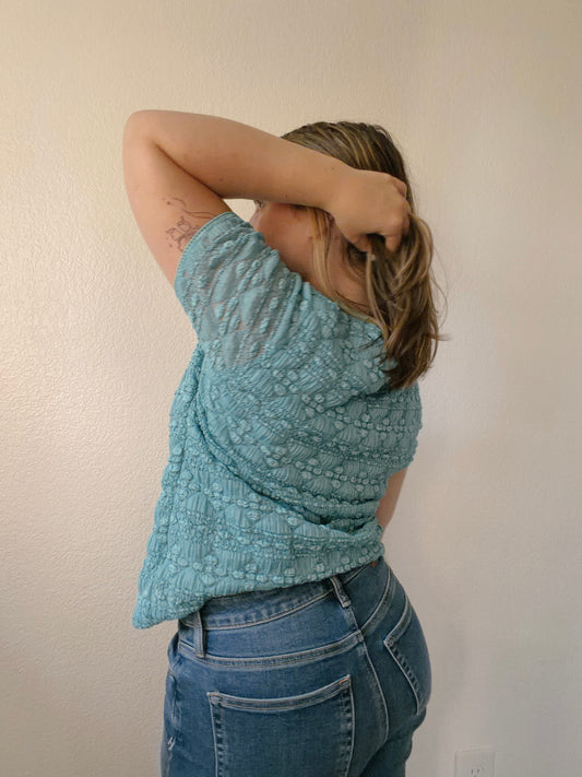 Blue Textured Square Neck Top