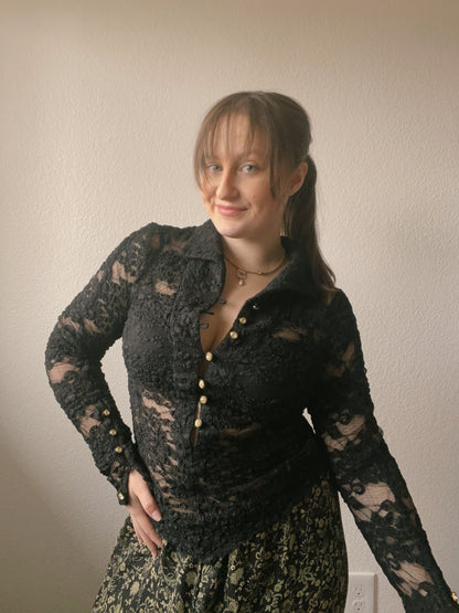 Black Lace Button Up Top