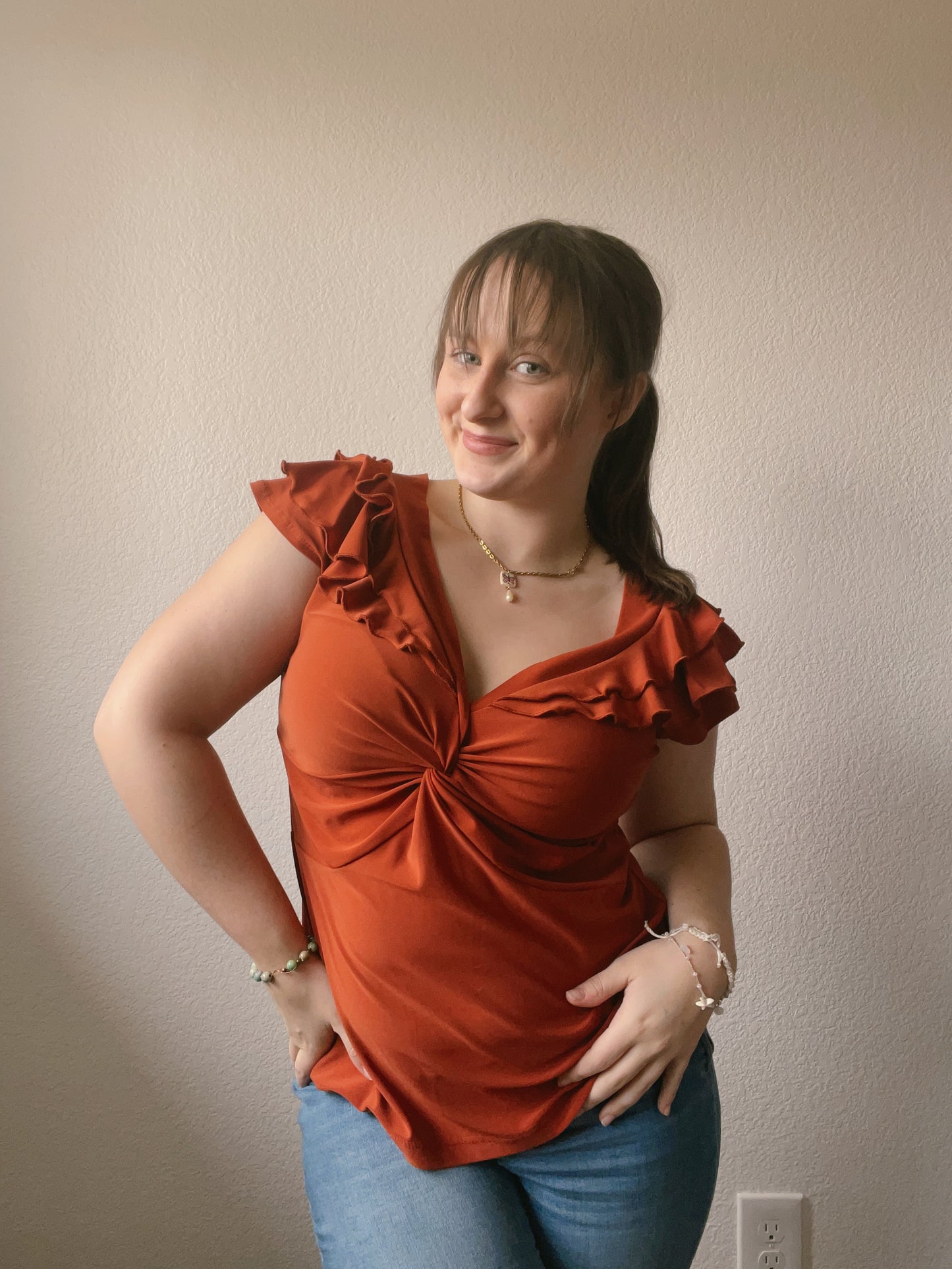 Burnt Orange Ruffle Sleeve Top