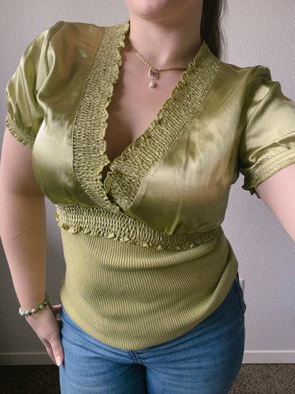 Olive Silk Ruffle Blouse