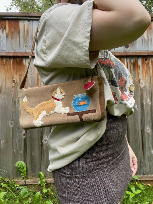 Embroidered Cat & Fish Handbag