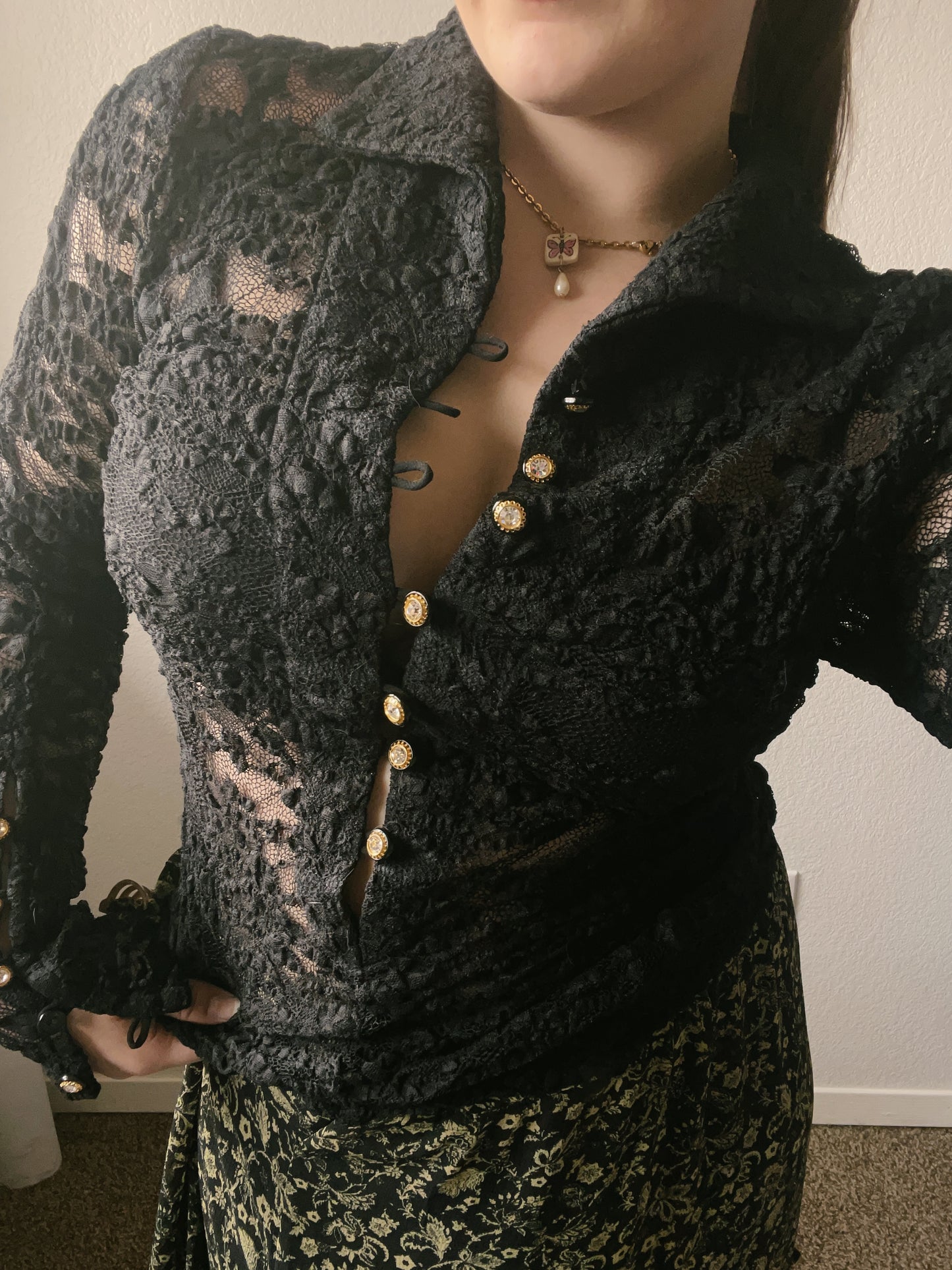 Black Lace Button Up Top