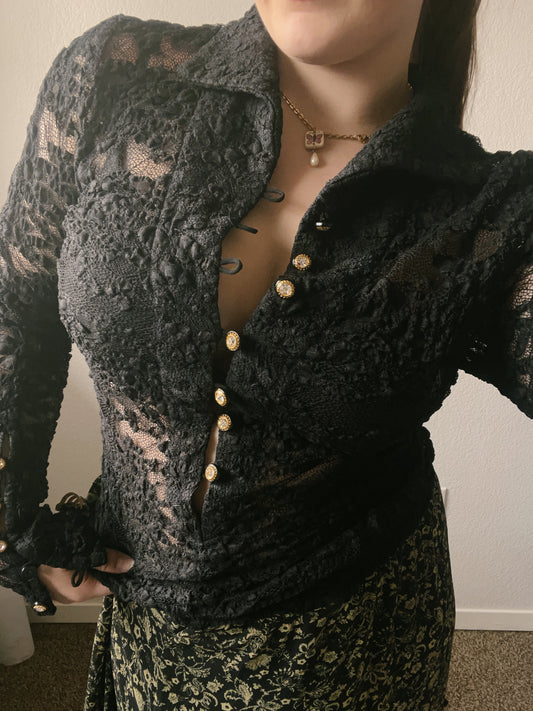 Black Lace Button Up Top