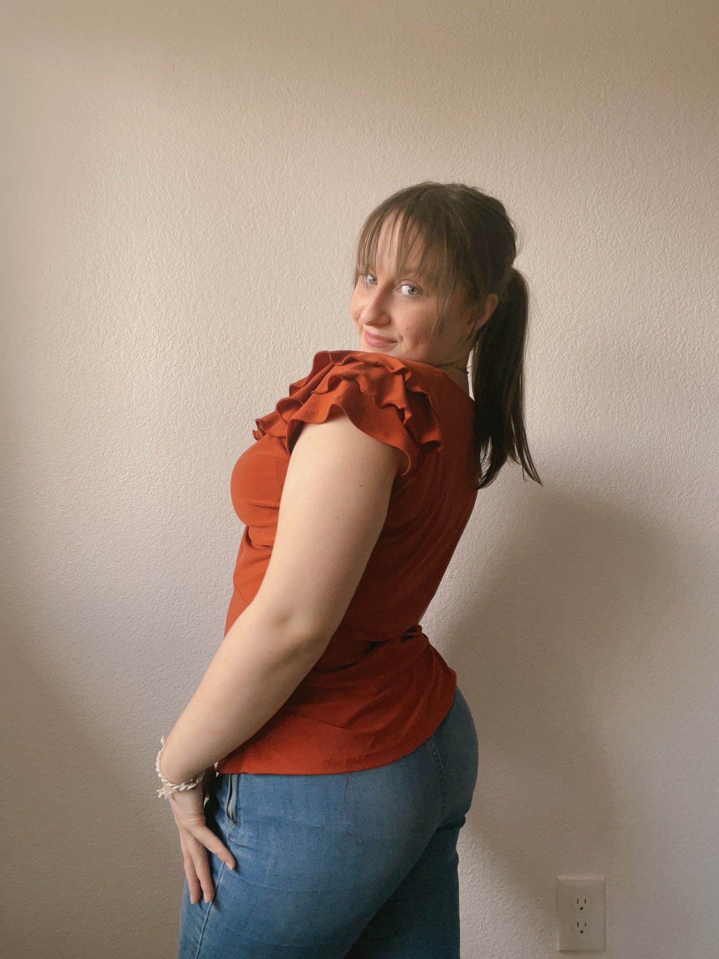 Burnt Orange Ruffle Sleeve Top