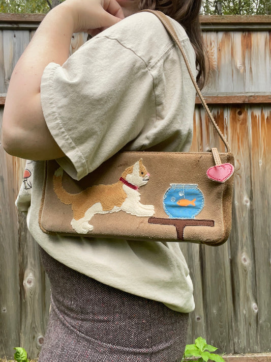 Embroidered Cat & Fish Handbag