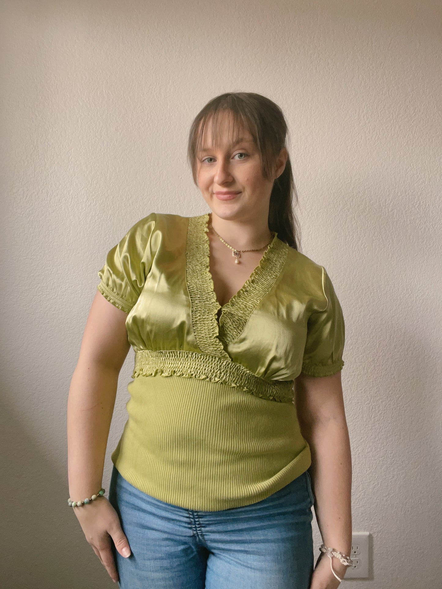 Olive Silk Ruffle Blouse