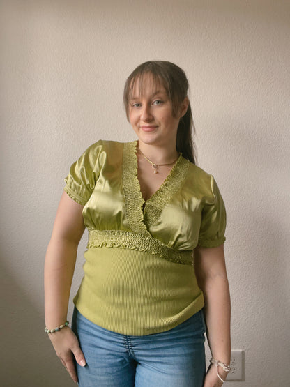 Olive Silk Ruffle Blouse