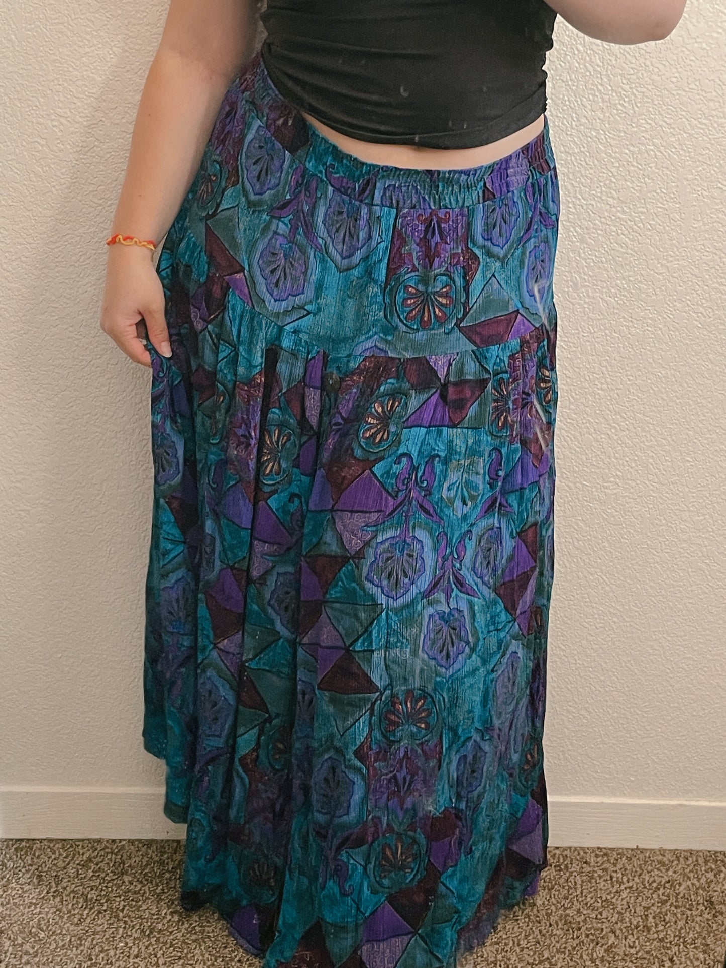 Teal Abstract Ribbed Maxi Skirt