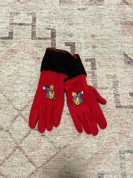 Red gloves with embroidered designs on a textured surface Winnie The Pooh Gloves | From the Rack | Grace Thrifts