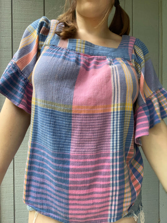 Blue Plaid Ruffle Blouse