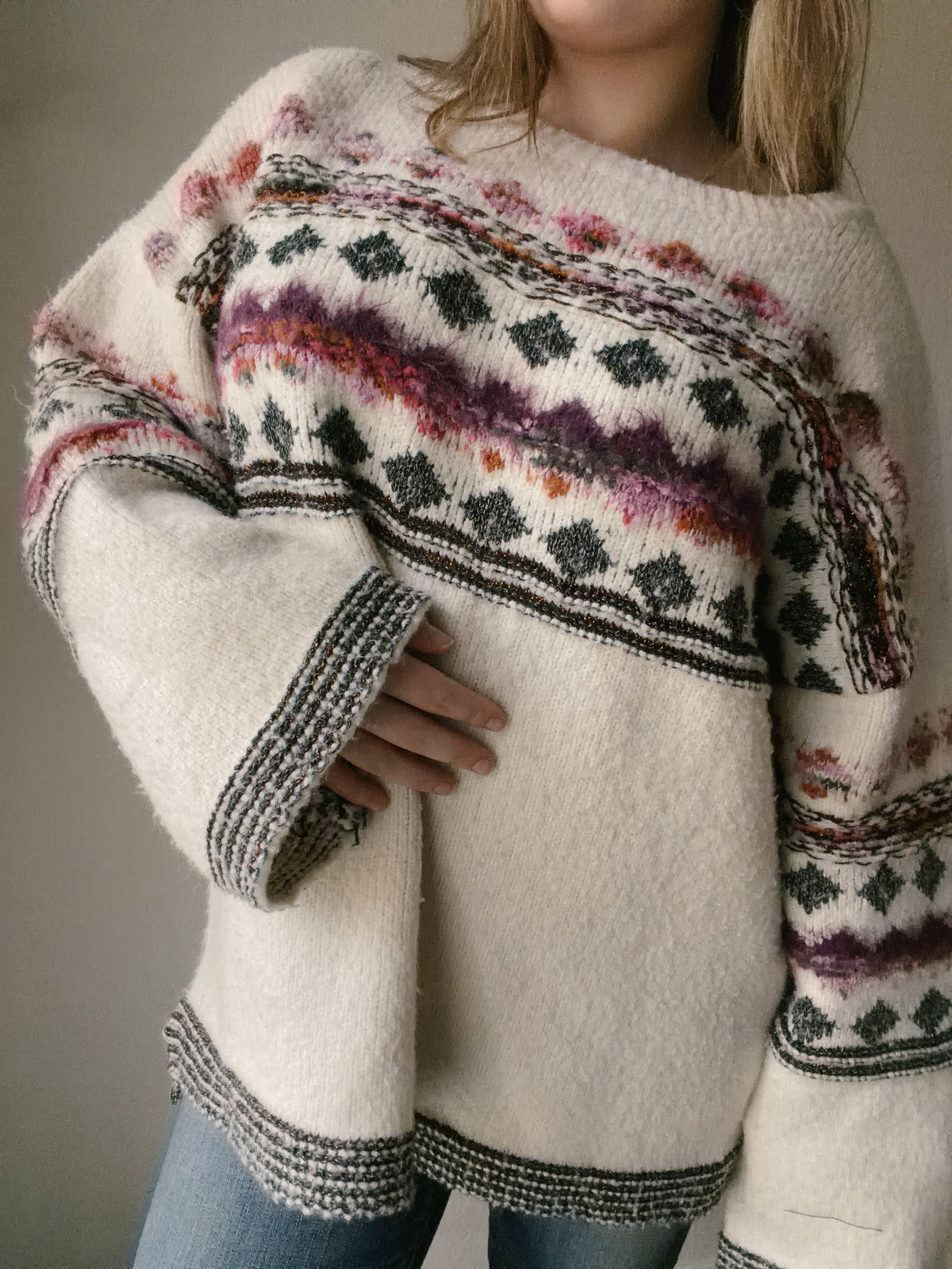Cream Fuzzy Diamond Sweater
