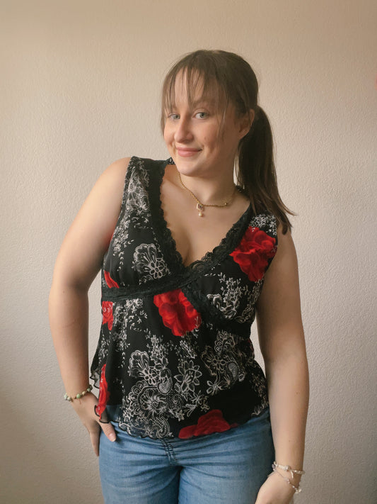 Black & Red Lace Floral Tank Top