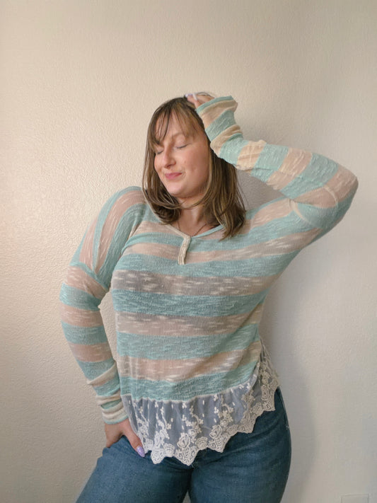 Baby Blue Striped Lace Top