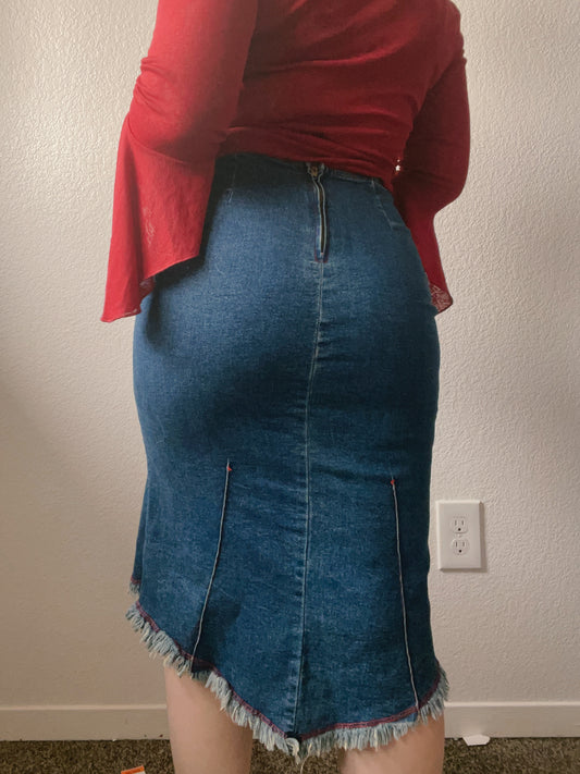 Red Stitch Denim Midi Skirt