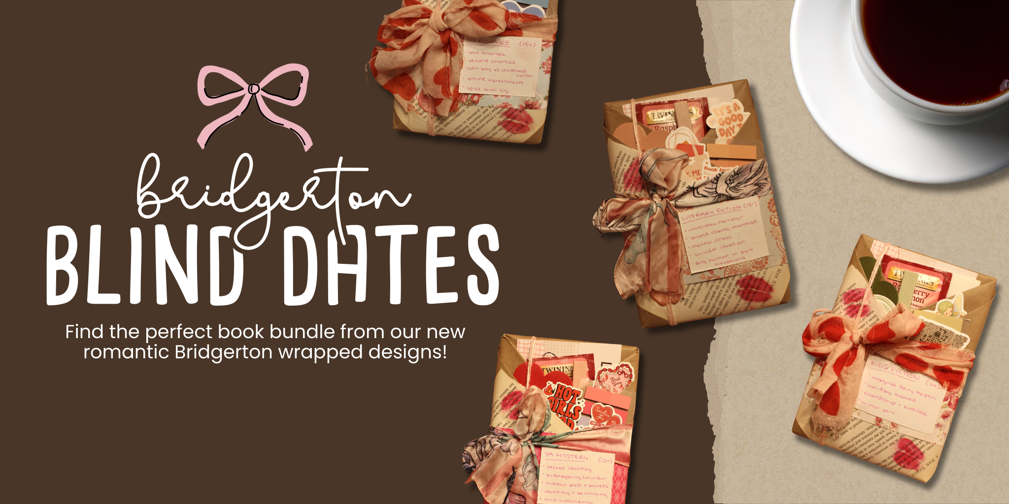 Promotional image for 'Bridgerton Blind Dates' with wrapped books and a cup of coffee | Grace Thrifts | Wasilla, AK