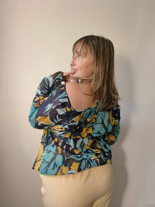 Blue & Yellow Floral Sheer Top