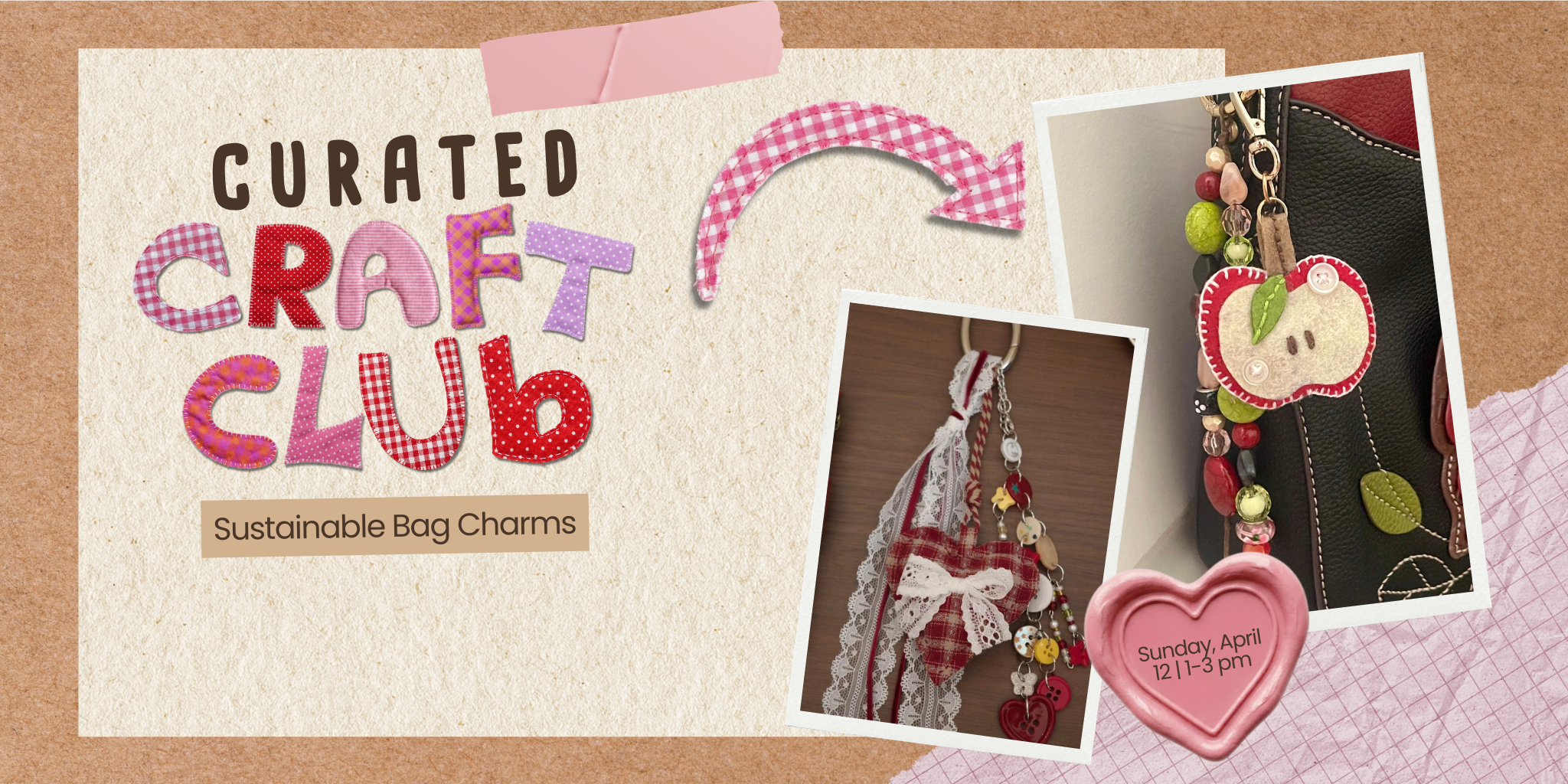 Promotional image for Curated Craft Club with sustainable bag charms and a heart-shaped charm | Grace Thrifts | Wasilla, AK