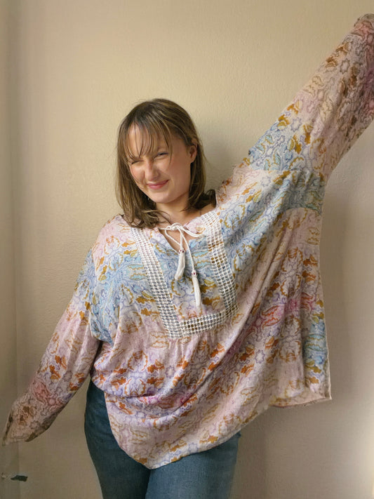 Ombré Rope Tie Floral Blouse
