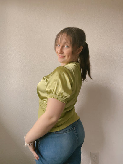 Olive Silk Ruffle Blouse