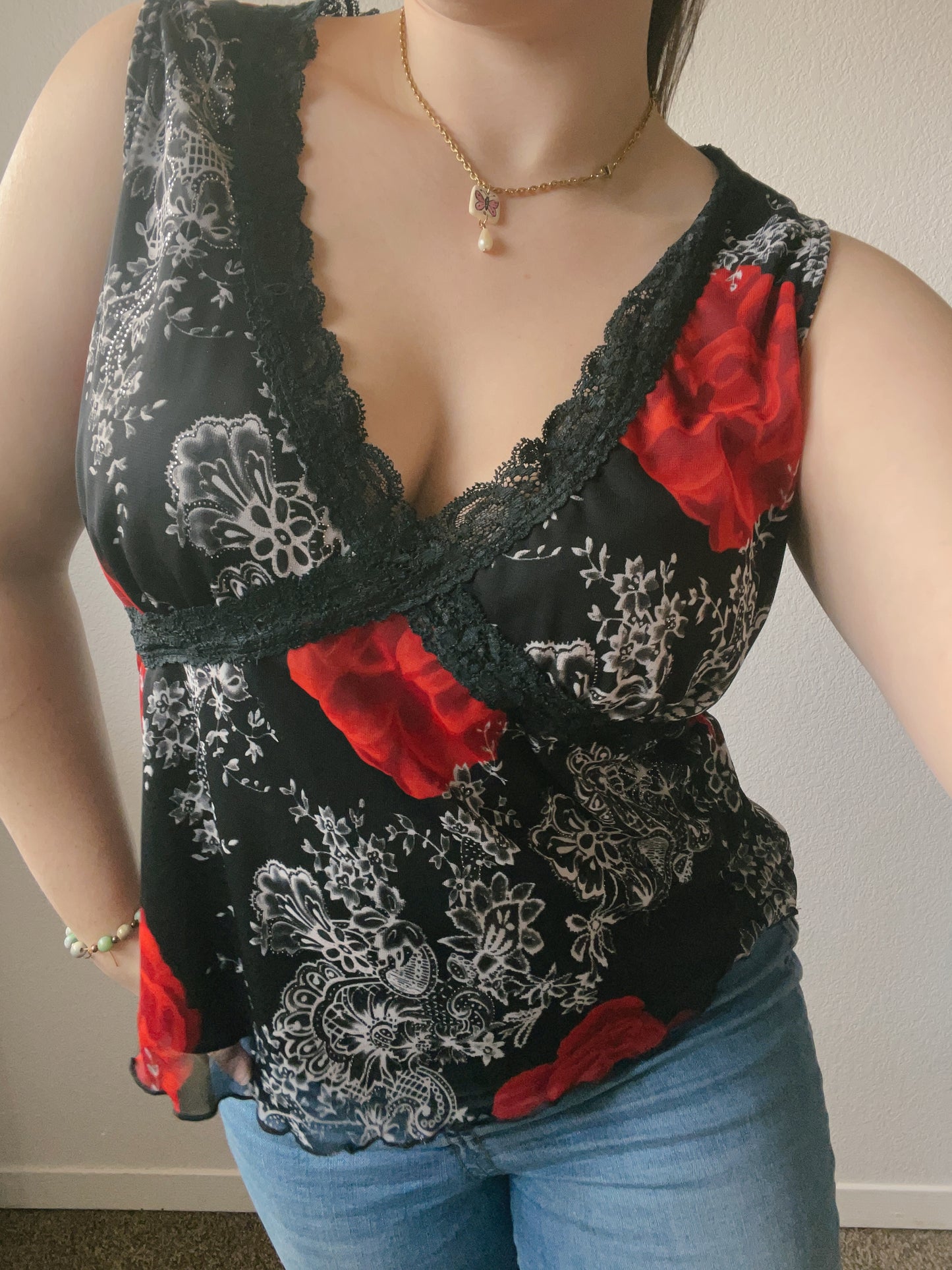 Black & Red Lace Floral Tank Top